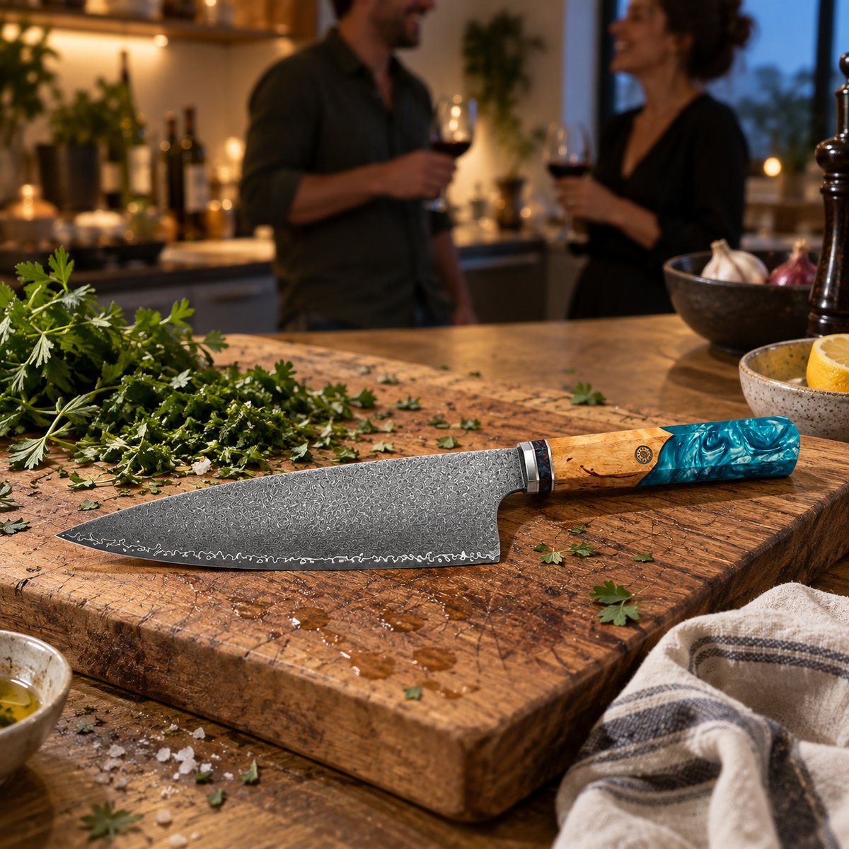 Couteau de chef 20 cm – Damas Aqua - chef damas aqua 5 lifestyle