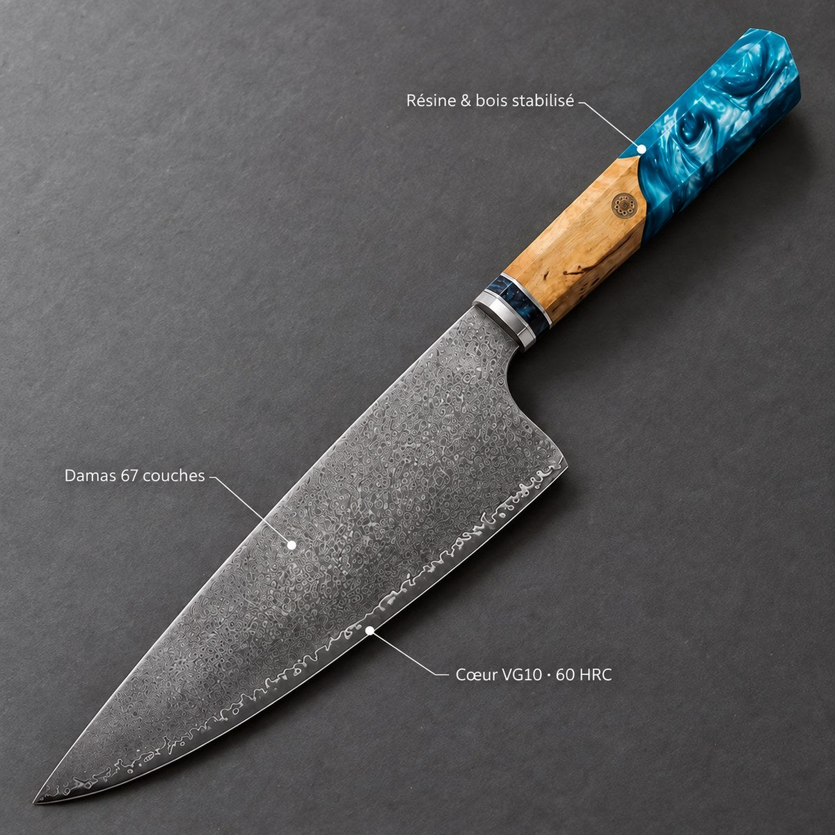 Couteau de chef 20 cm – Damas Aqua - chef damas aqua 7 annotations