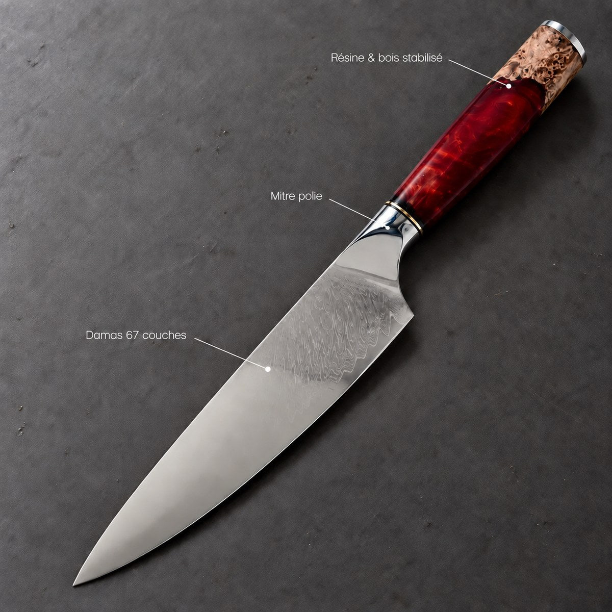 Couteau de chef 20 cm – Damas Résine - chef damas resine ruby red 7 annotations