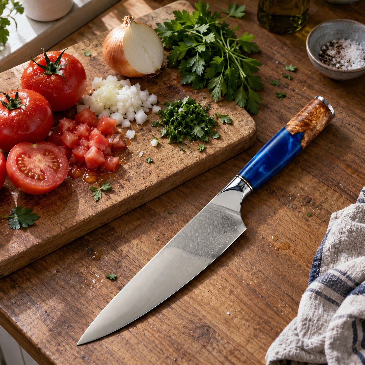 Couteau de chef 20 cm – Damas Résine - chef damas resine sapphire blue 2 situation