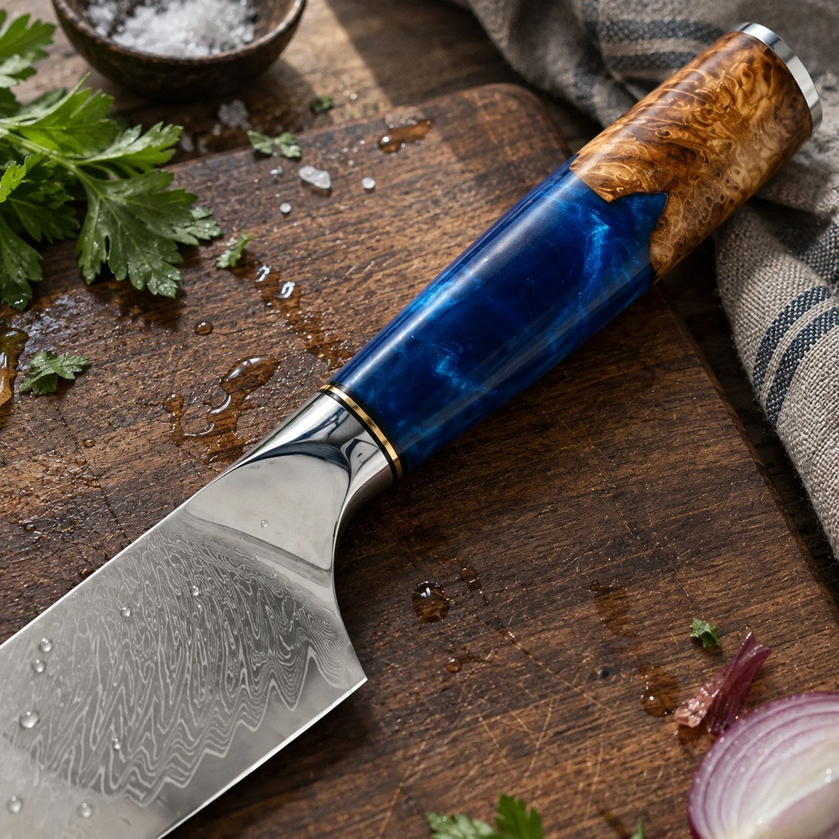 Couteau de chef 20 cm – Damas Résine - chef damas resine sapphire blue 3 detail