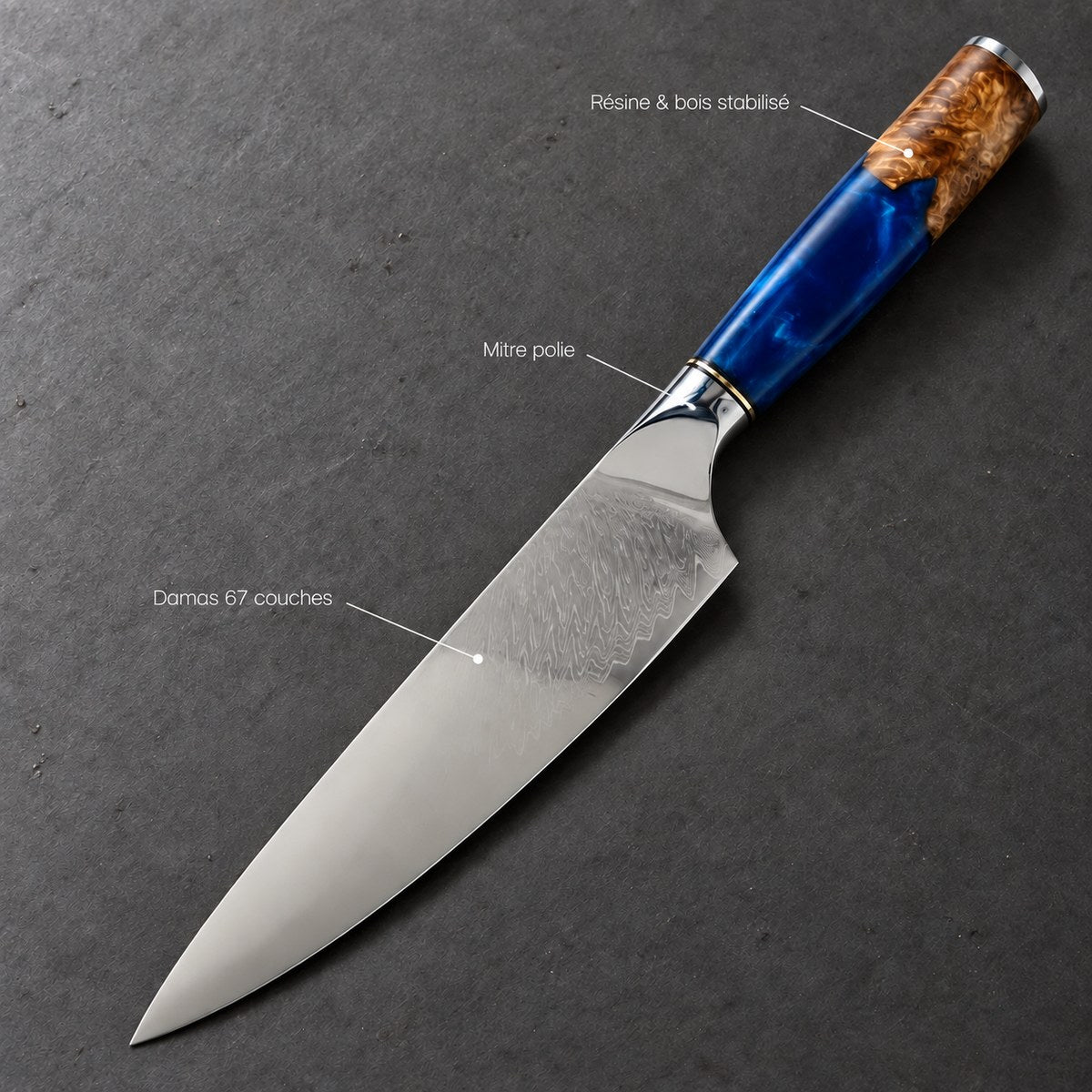 Couteau de chef 20 cm – Damas Résine - chef damas resine sapphire blue 7 annotations