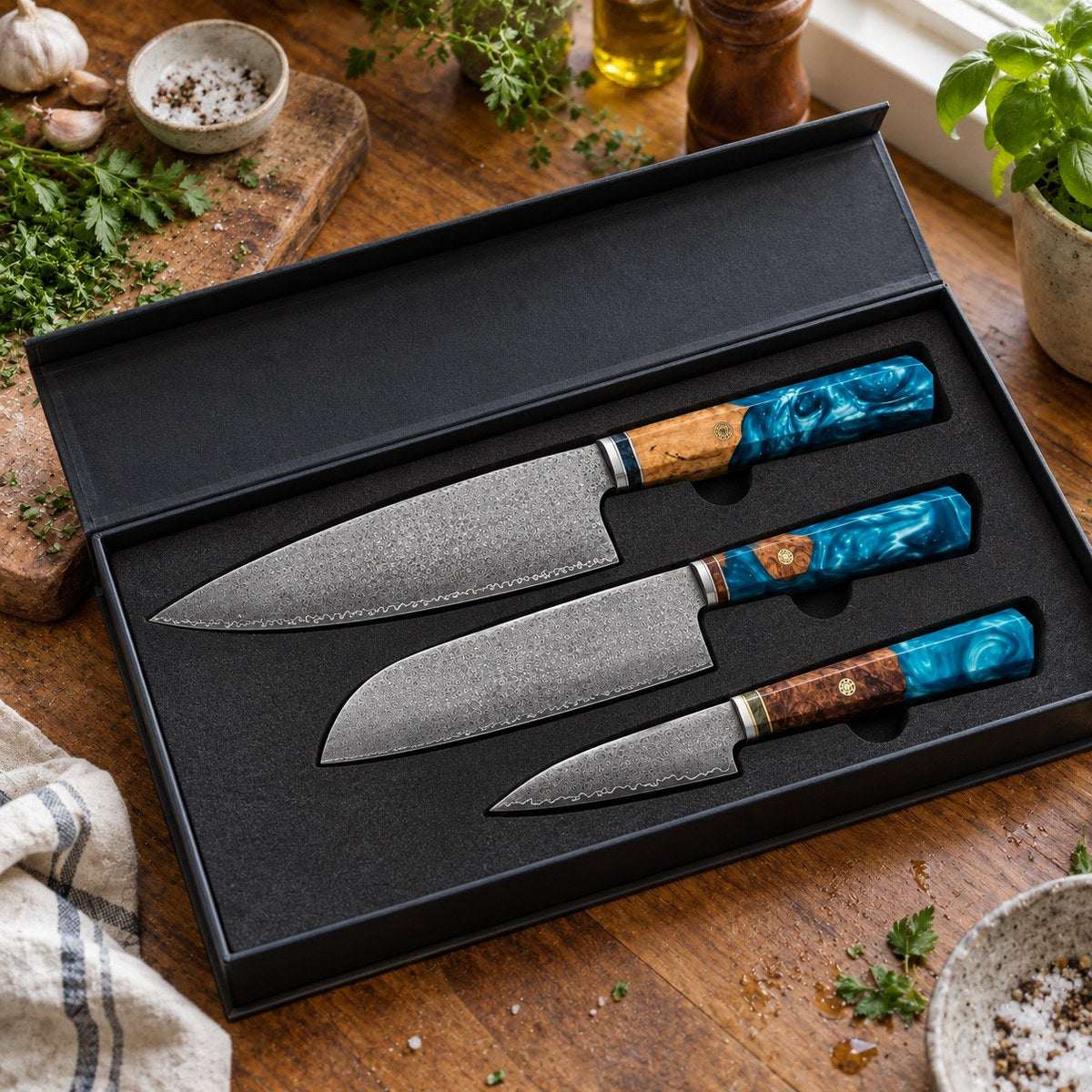 Coffret 3 couteaux Damas Aqua - coffret 3 damas aqua 2 situation