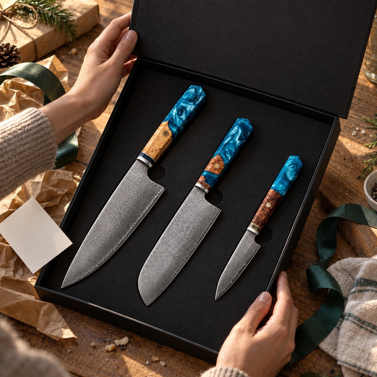 Coffret 3 couteaux Damas Aqua - coffret 3 damas aqua 4 cadeau