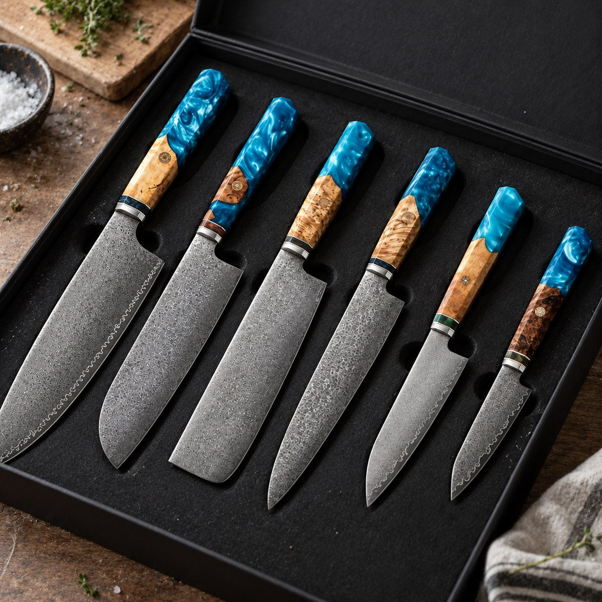 Coffret 6 couteaux Damas Aqua - coffret 6 damas aqua 3 detail