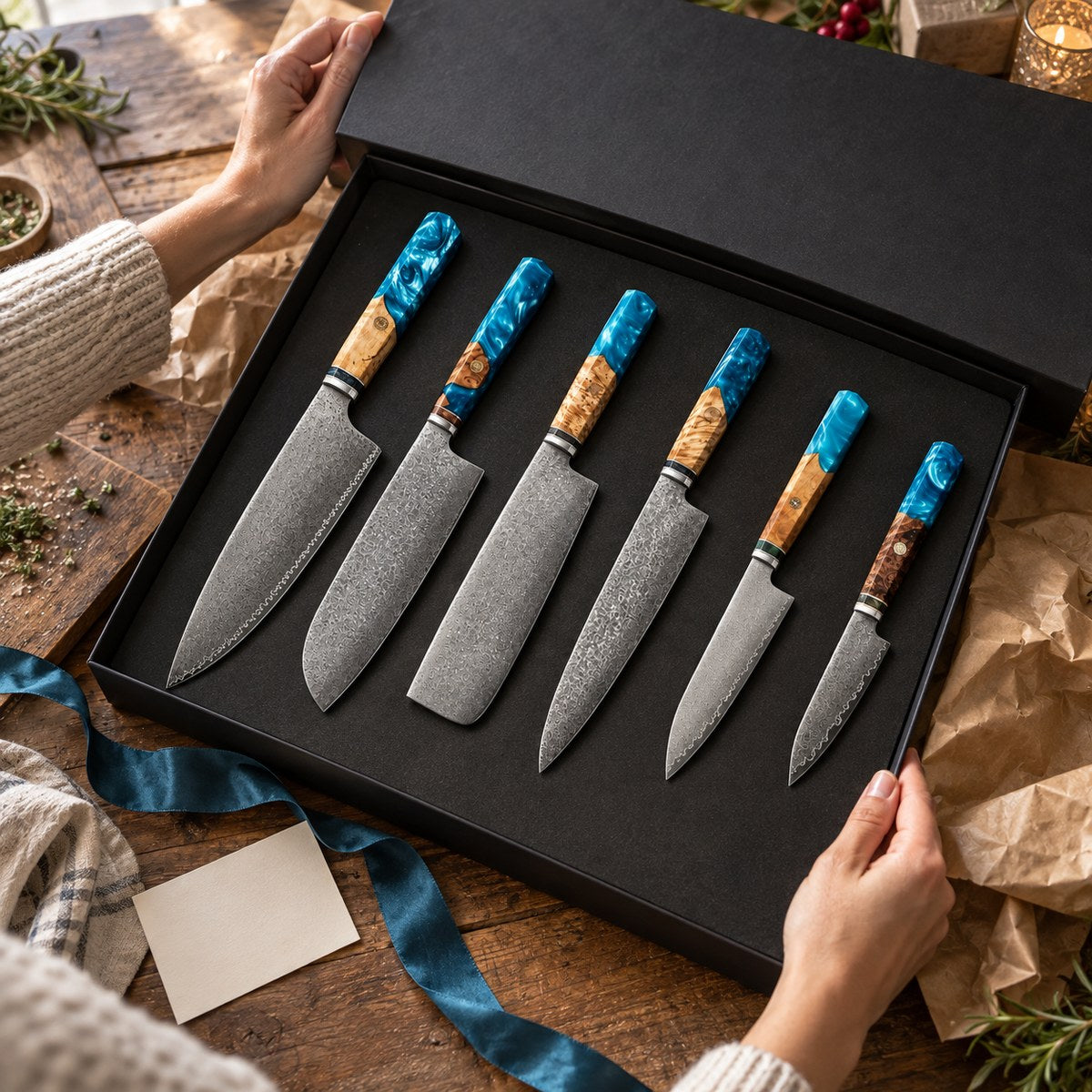 Coffret 6 couteaux Damas Aqua - coffret 6 damas aqua 4 cadeau