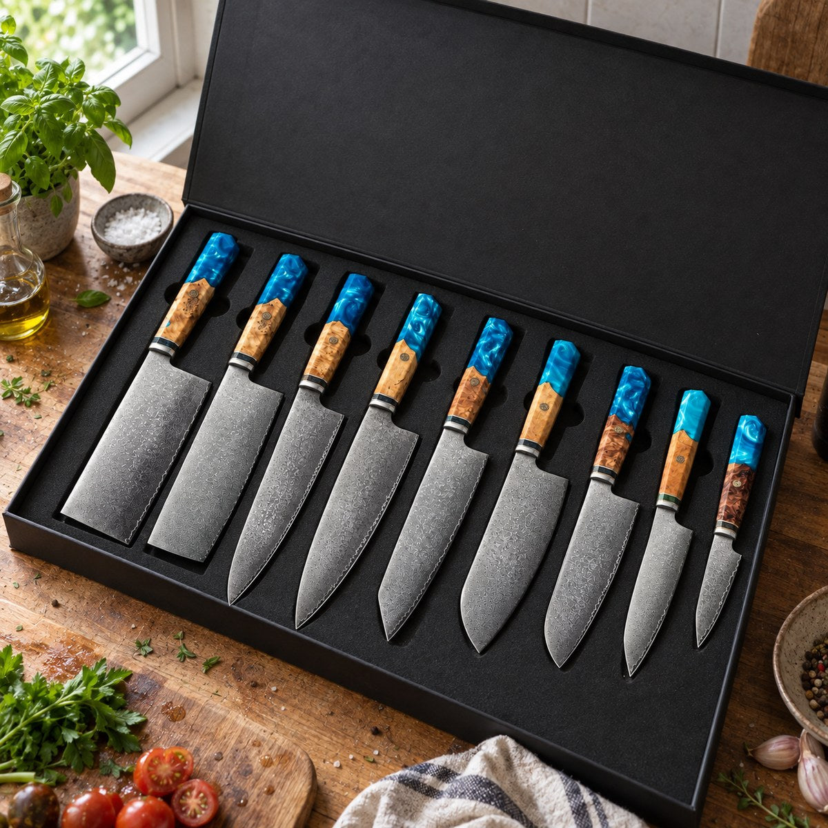 Coffret 9 couteaux Damas Aqua - coffret 9 damas aqua 2 situation