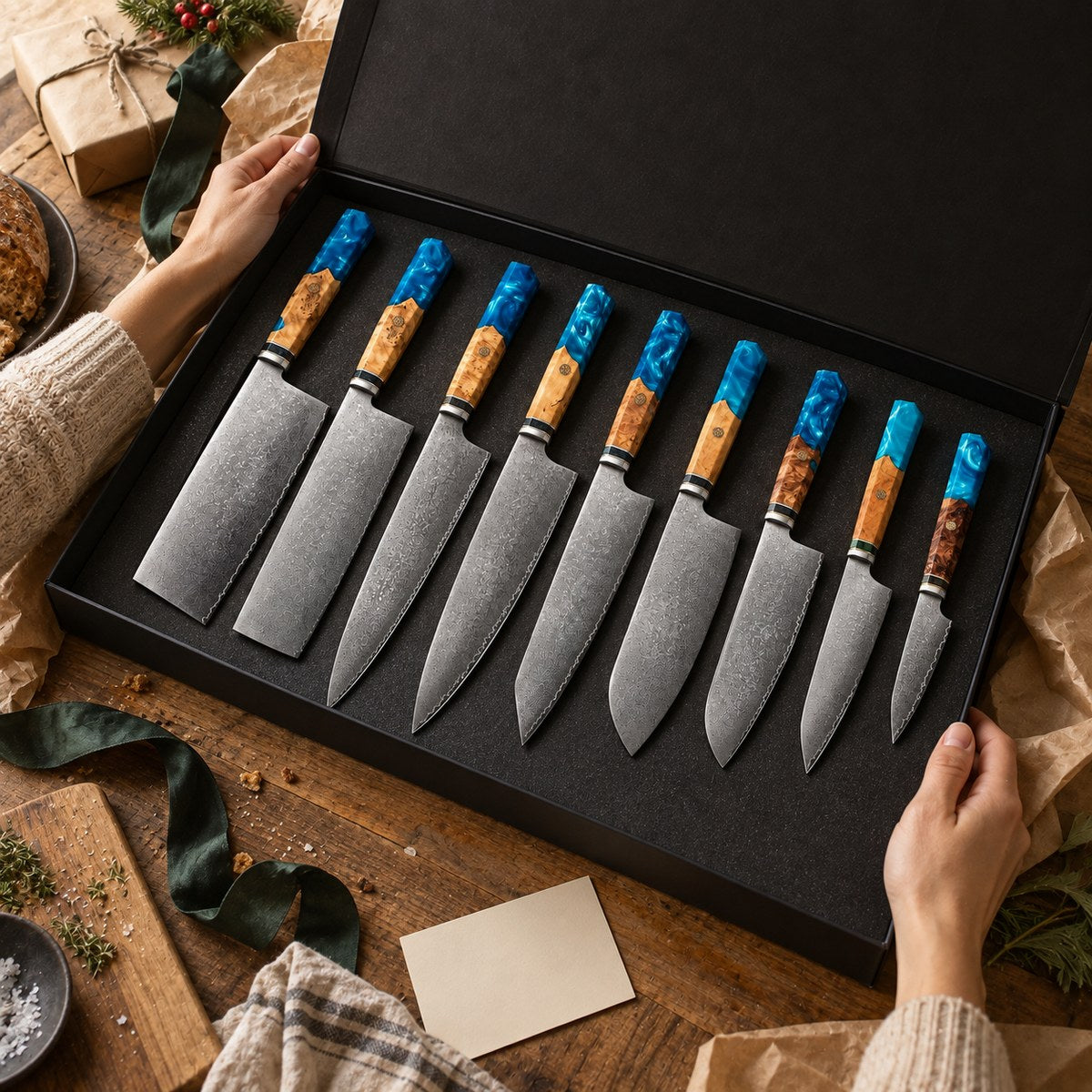 Coffret 9 couteaux Damas Aqua - coffret 9 damas aqua 4 cadeau