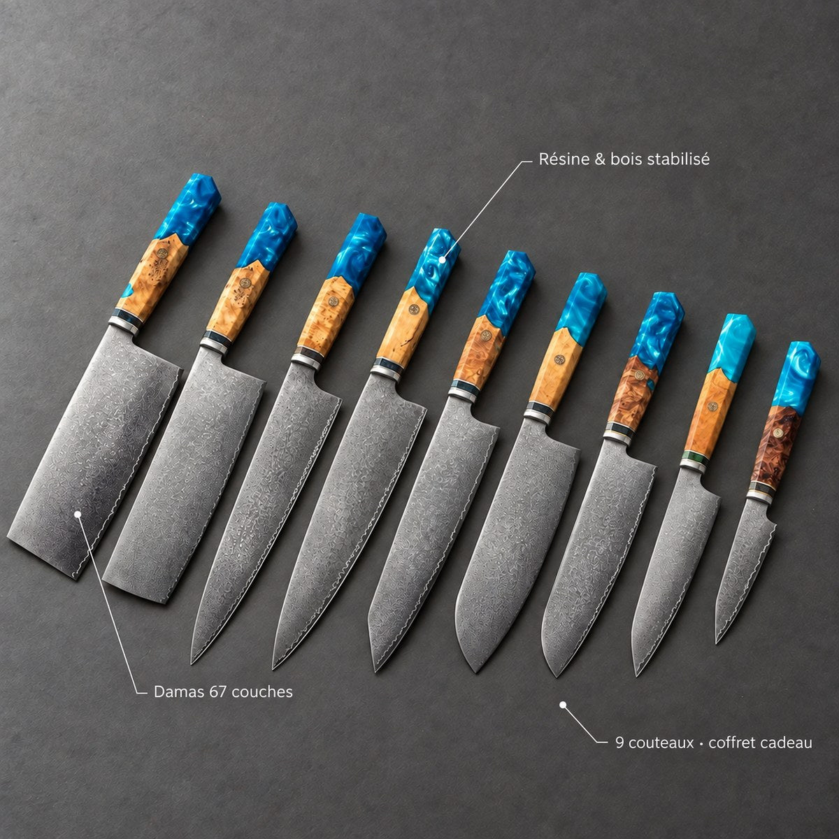 Coffret 9 couteaux Damas Aqua - coffret 9 damas aqua 7 annotations
