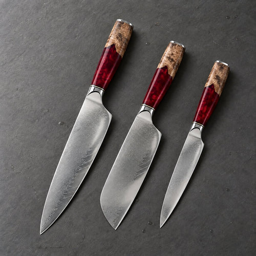 Coffret 3 couteaux Damas Résine - coffret3 resine ardoise ruby red