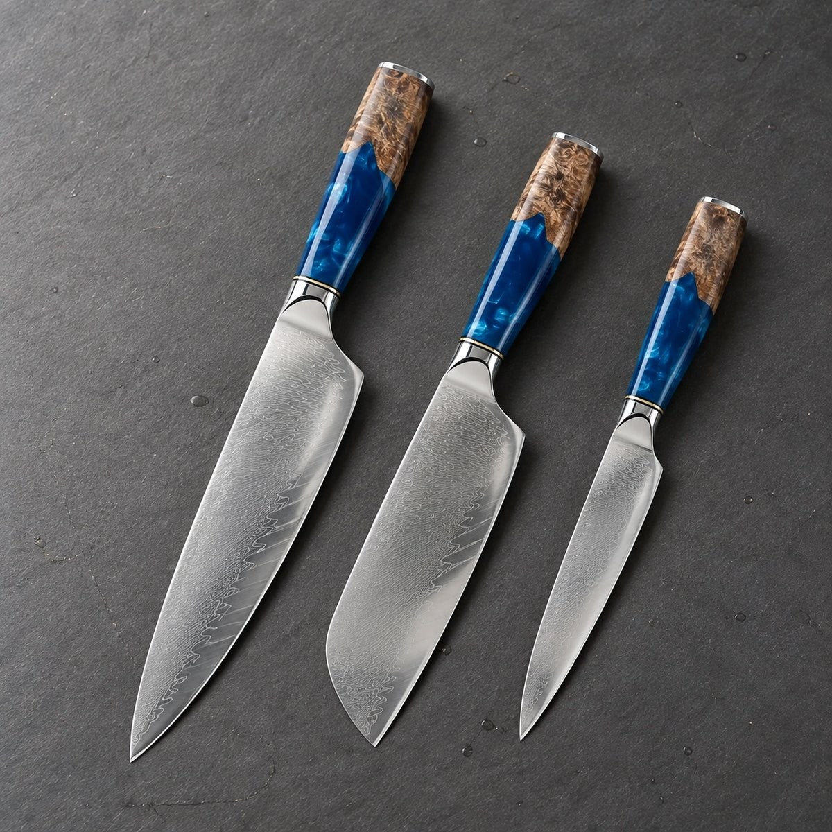 Coffret 3 couteaux Damas Résine - coffret3 resine ardoise sapphire blue