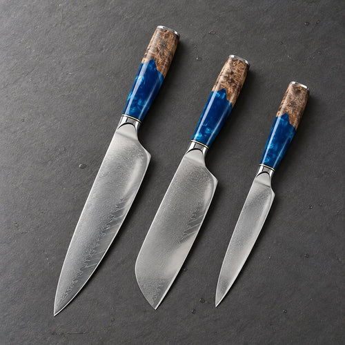 Coffret 3 couteaux Damas Résine - coffret3 resine ardoise sapphire blue