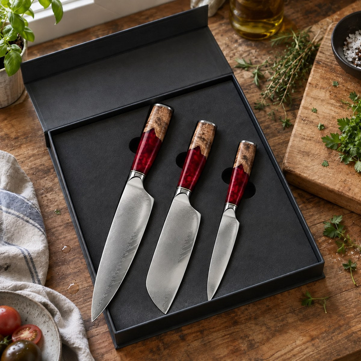 Coffret 3 couteaux Damas Résine - coffret3 resine ruby red 2 situation