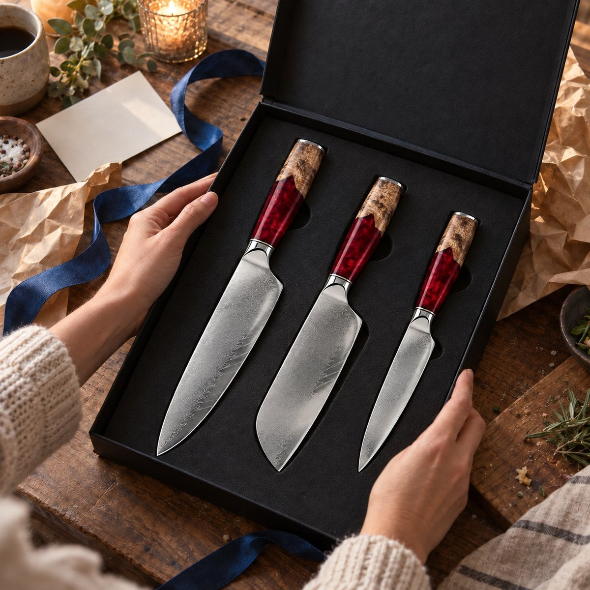 Coffret 3 couteaux Damas Résine - coffret3 resine ruby red 4 cadeau