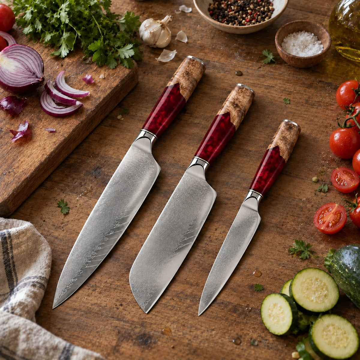 Coffret 3 couteaux Damas Résine - coffret3 resine ruby red 5 lifestyle