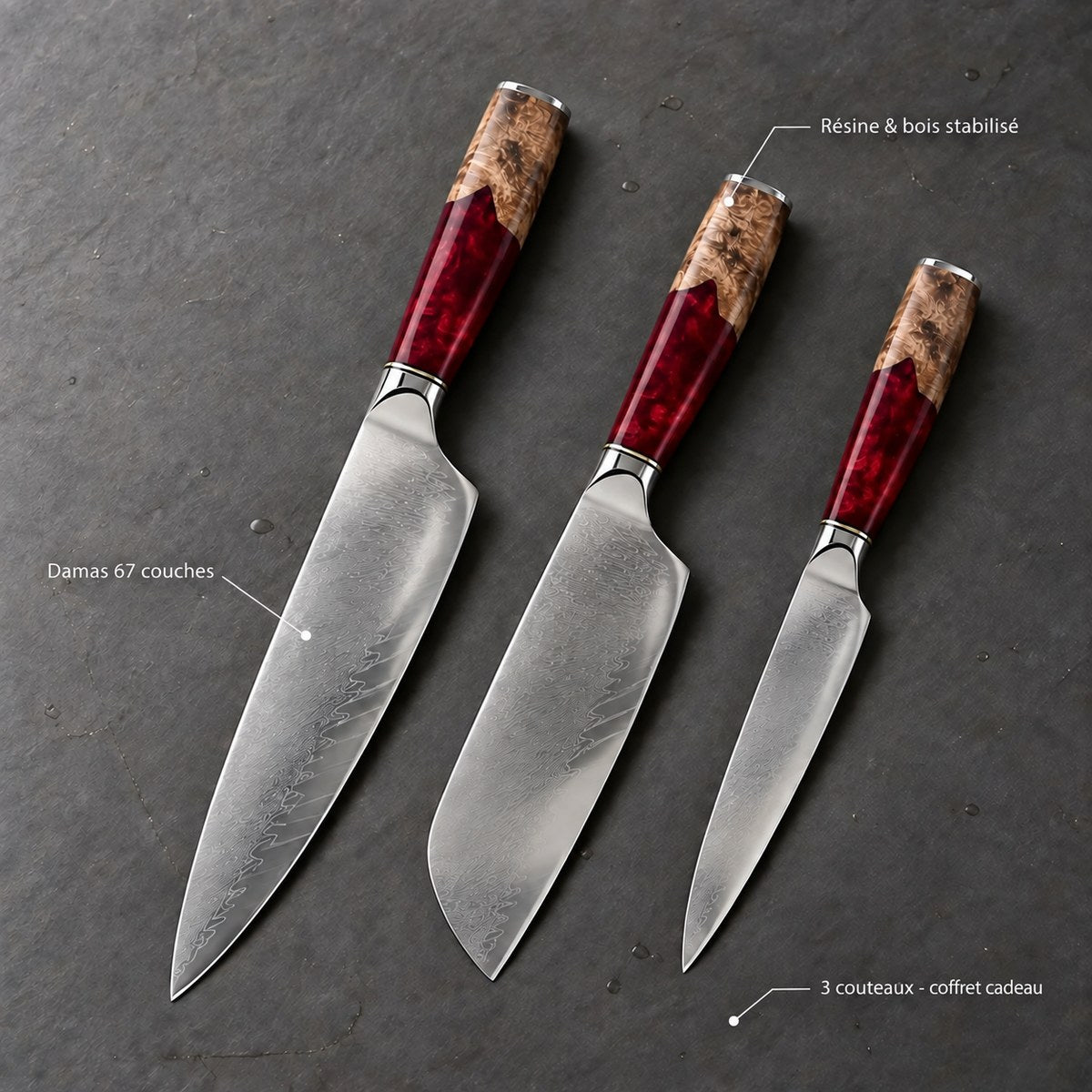 Coffret 3 couteaux Damas Résine - coffret3 resine ruby red 7 annotations