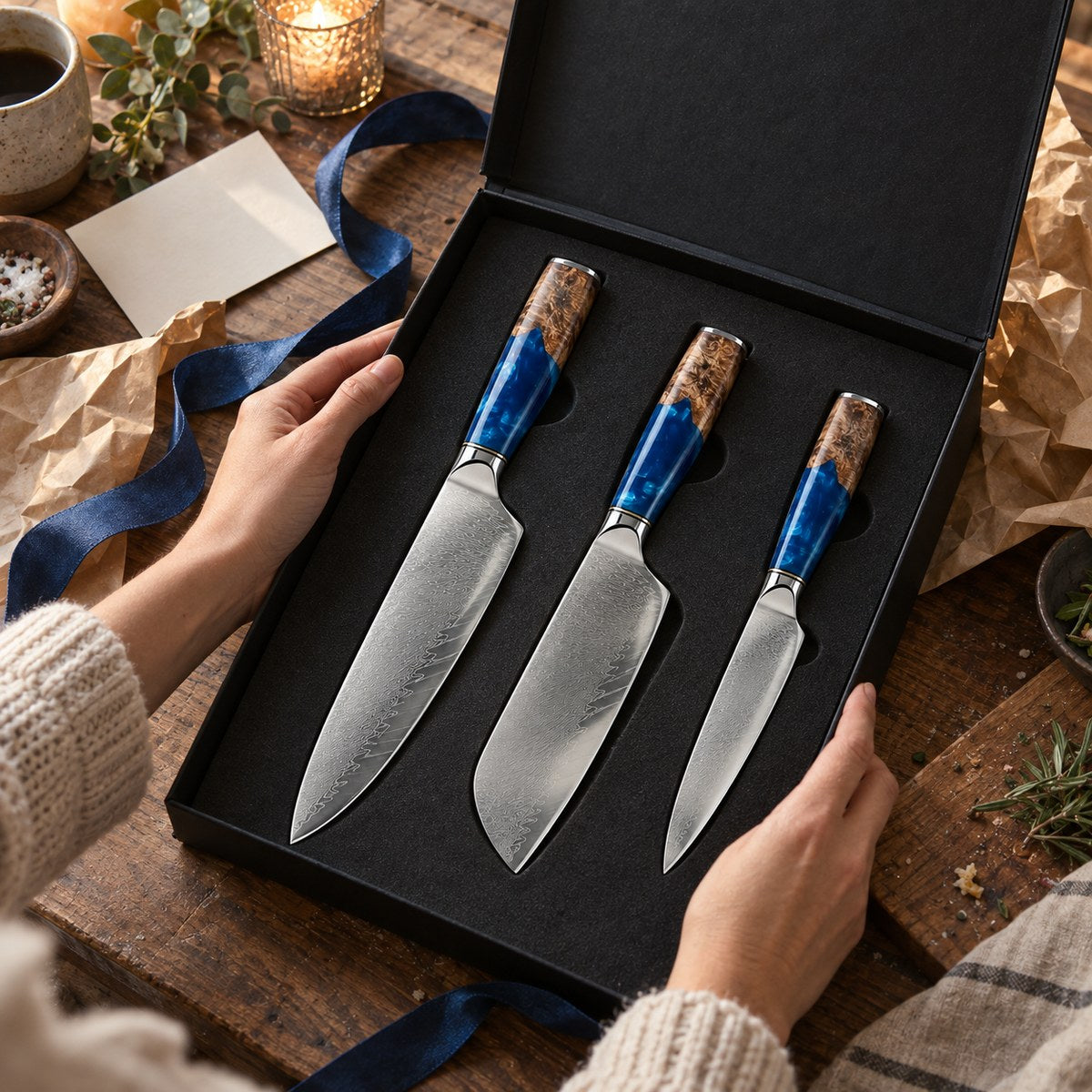 Coffret 3 couteaux Damas Résine - coffret3 resine sapphire blue 4 cadeau