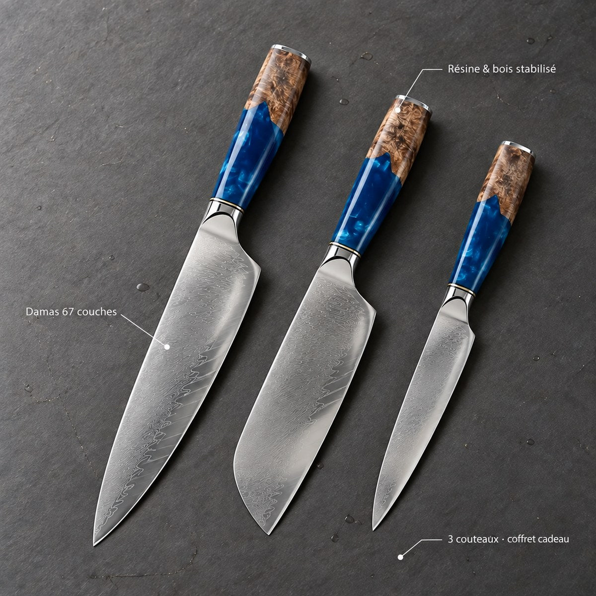 Coffret 3 couteaux Damas Résine - coffret3 resine sapphire blue 7 annotations