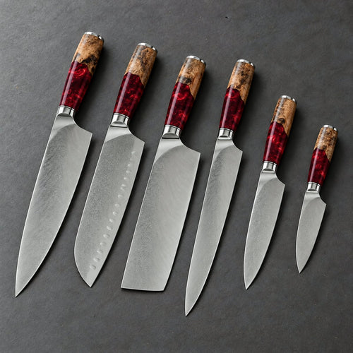 Coffret 6 couteaux Damas Résine - coffret6 resine ardoise ruby red