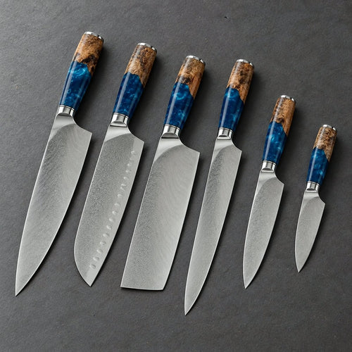 Coffret 6 couteaux Damas Résine - coffret6 resine ardoise sapphire blue