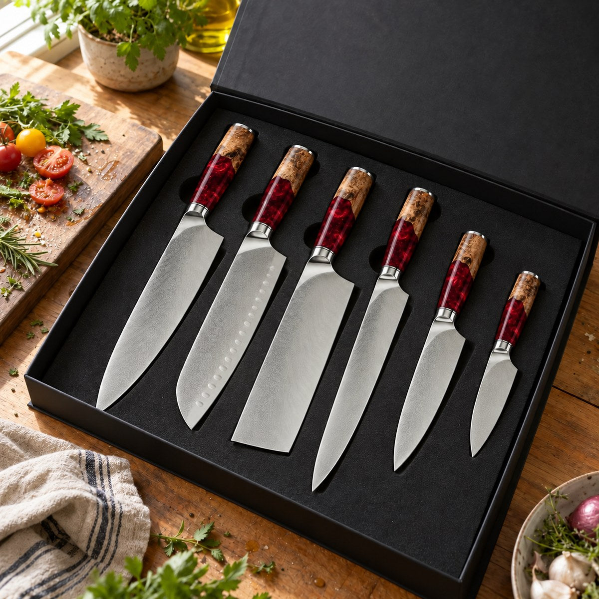 Coffret 6 couteaux Damas Résine - coffret6 resine ruby red 2 situation