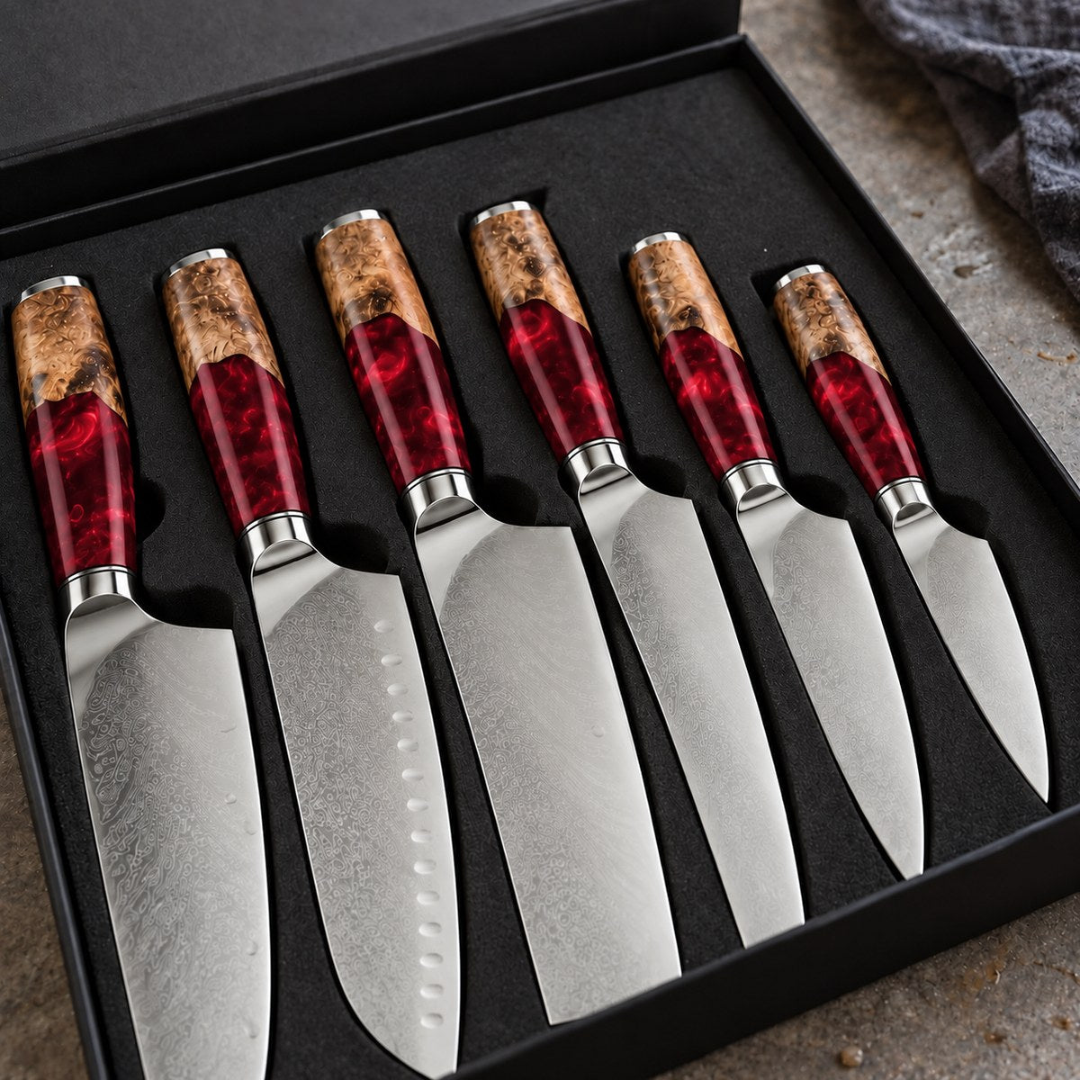 Coffret 6 couteaux Damas Résine - coffret6 resine ruby red 3 detail