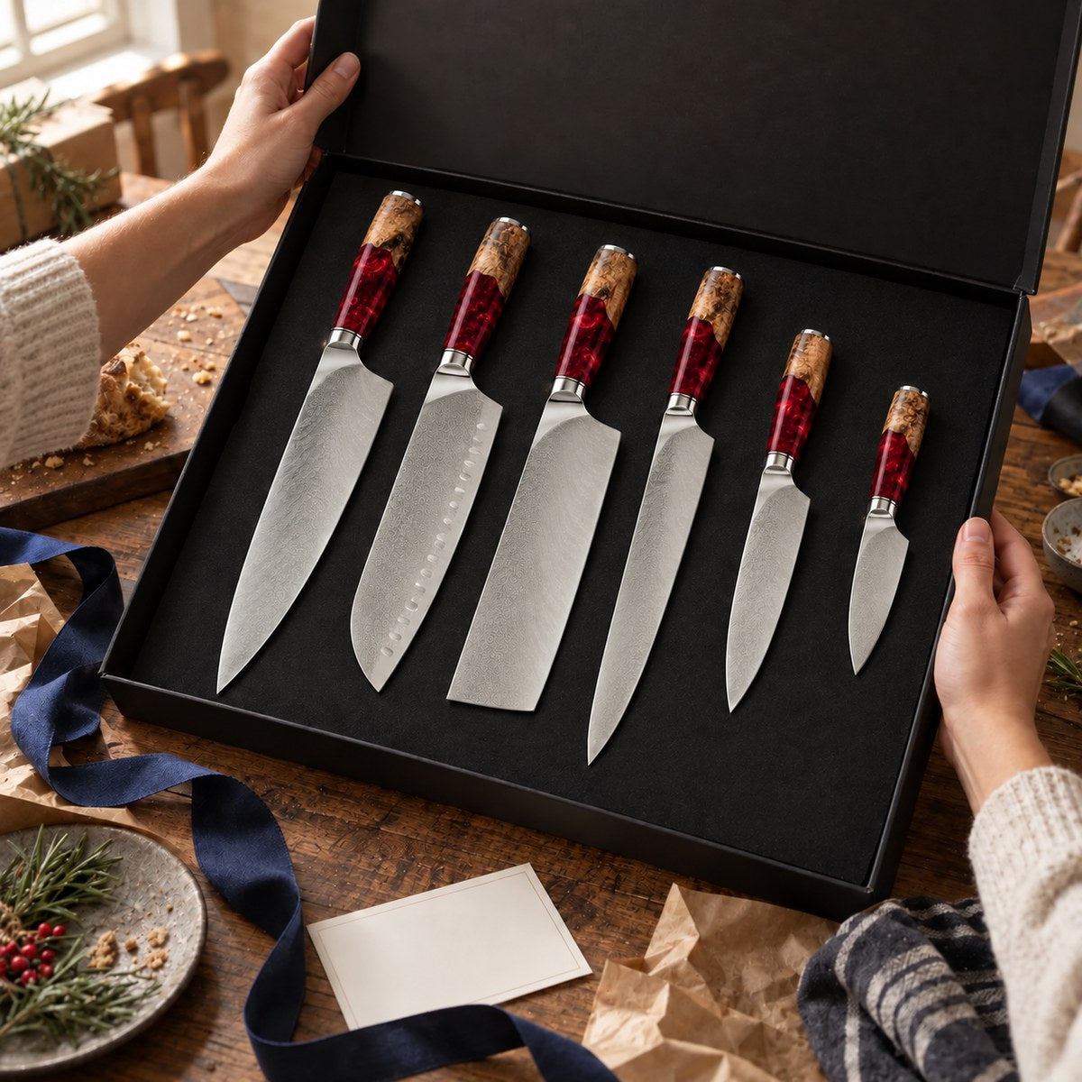 Coffret 6 couteaux Damas Résine - coffret6 resine ruby red 4 cadeau