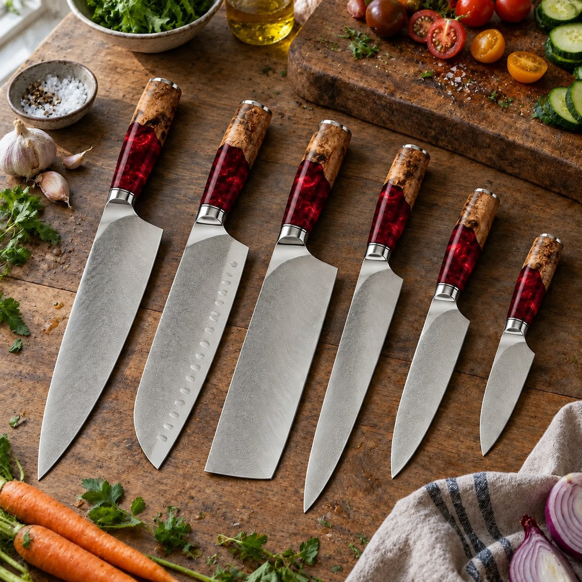 Coffret 6 couteaux Damas Résine - coffret6 resine ruby red 5 lifestyle