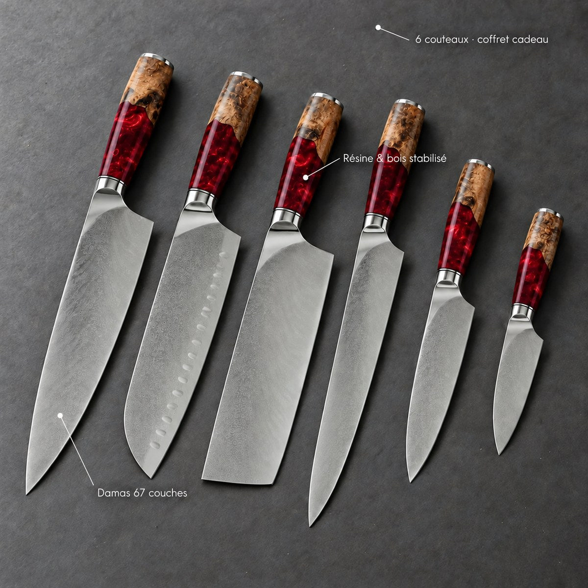 Coffret 6 couteaux Damas Résine - coffret6 resine ruby red 7 annotations