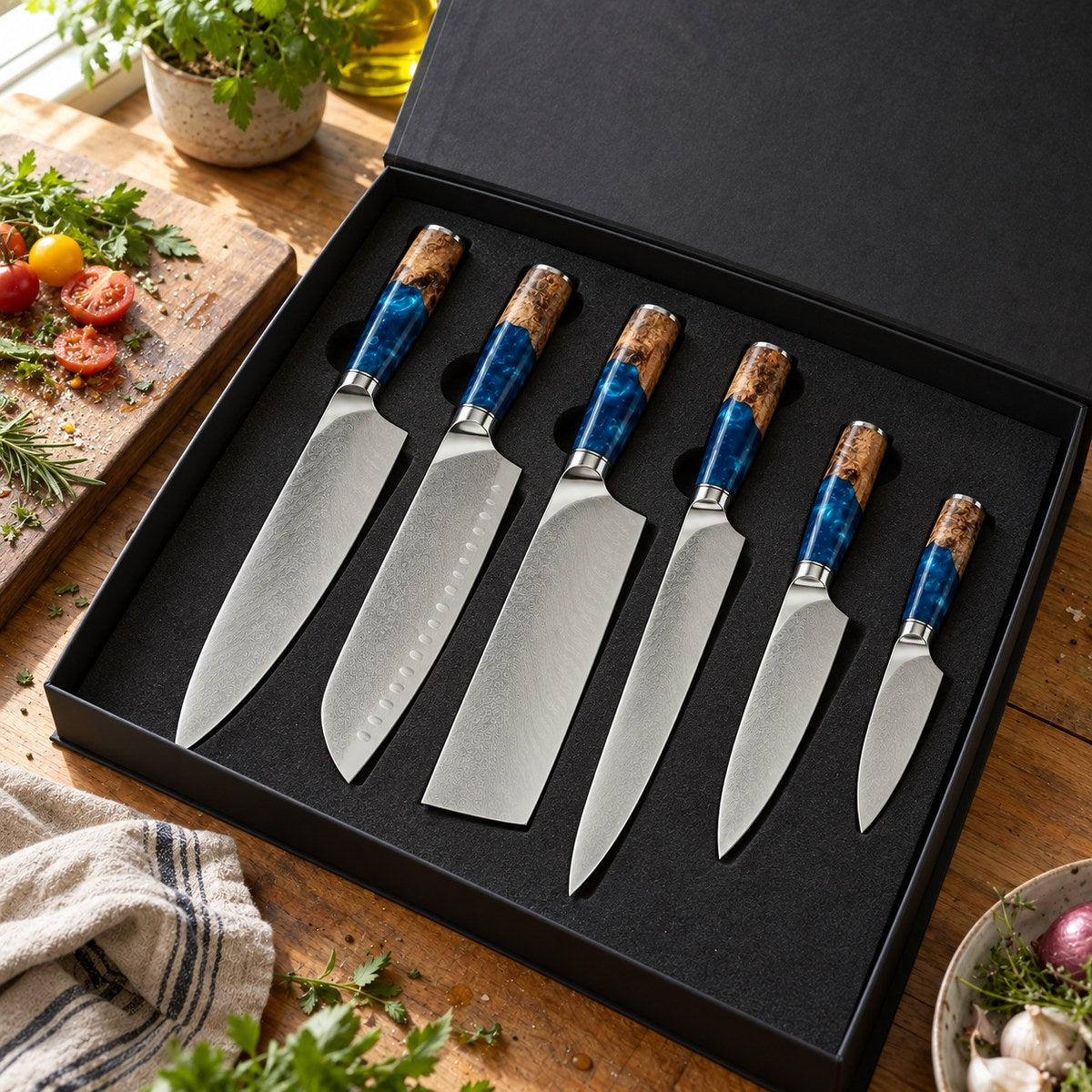 Coffret 6 couteaux Damas Résine - coffret6 resine sapphire blue 2 situation
