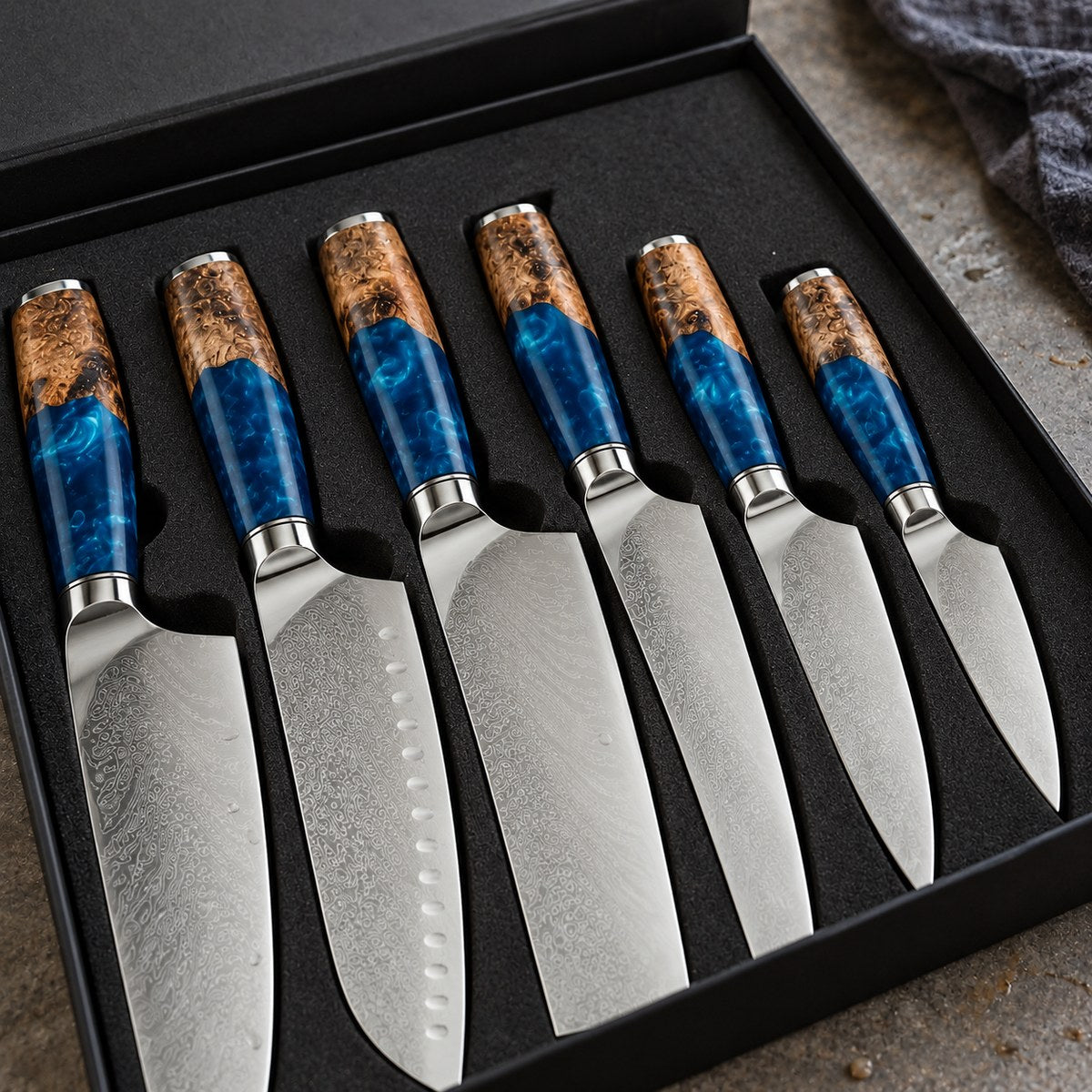 Coffret 6 couteaux Damas Résine - coffret6 resine sapphire blue 3 detail