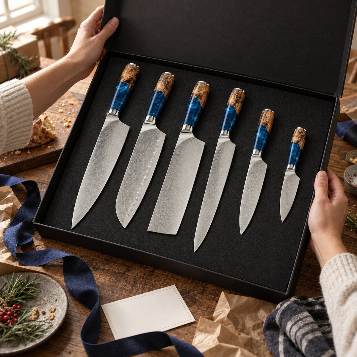 Coffret 6 couteaux Damas Résine - coffret6 resine sapphire blue 4 cadeau