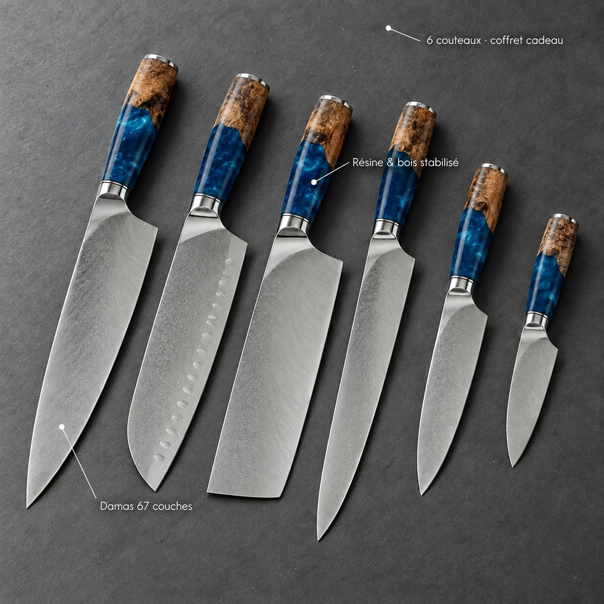 Coffret 6 couteaux Damas Résine - coffret6 resine sapphire blue 7 annotations
