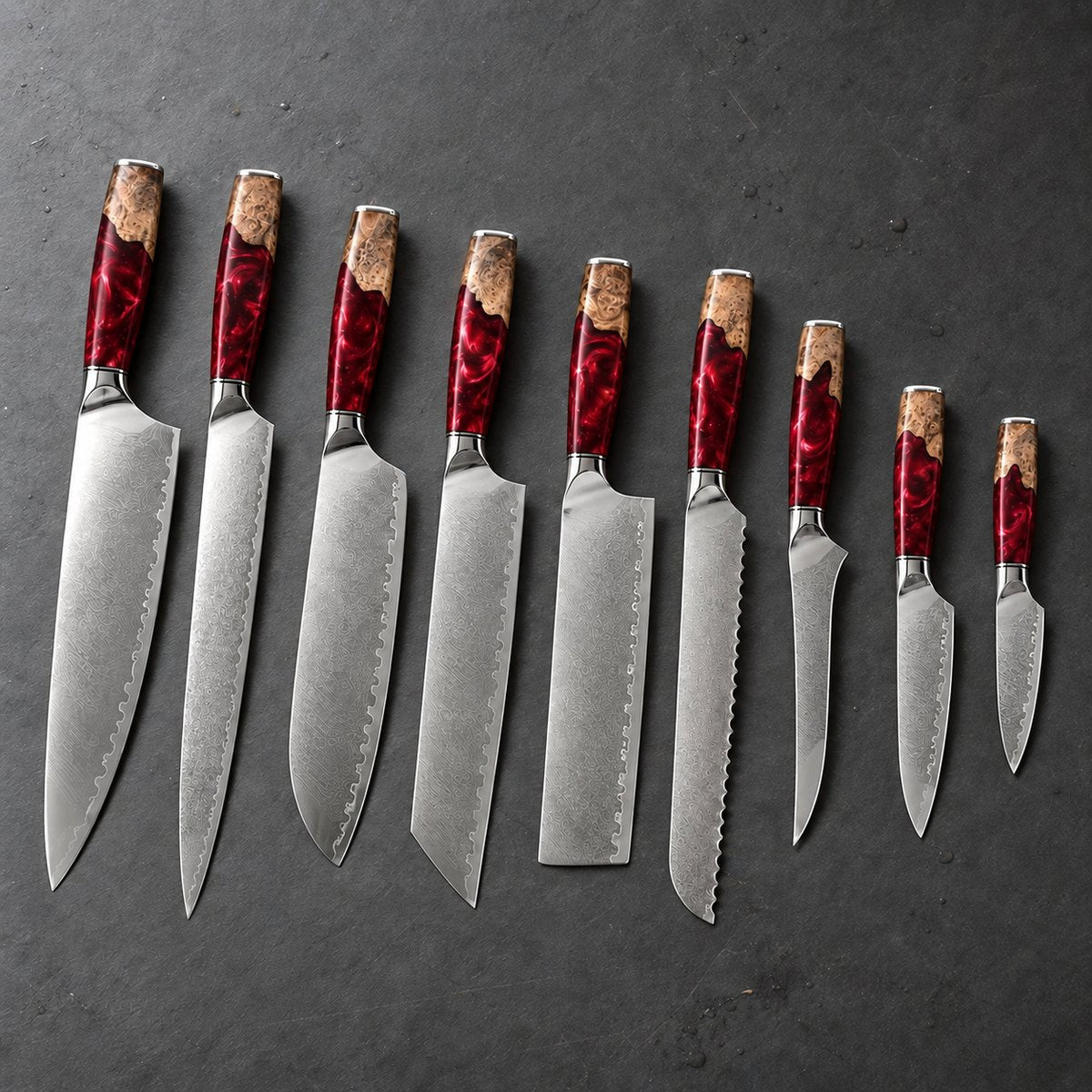 Coffret 9 couteaux Damas Résine - coffret9 resine ardoise ruby red