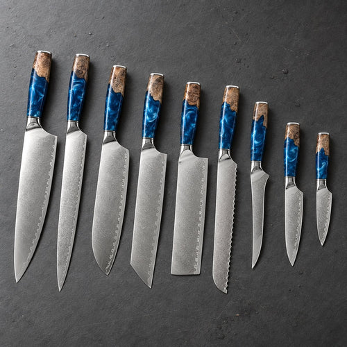 Coffret 9 couteaux Damas Résine - coffret9 resine ardoise sapphire blue