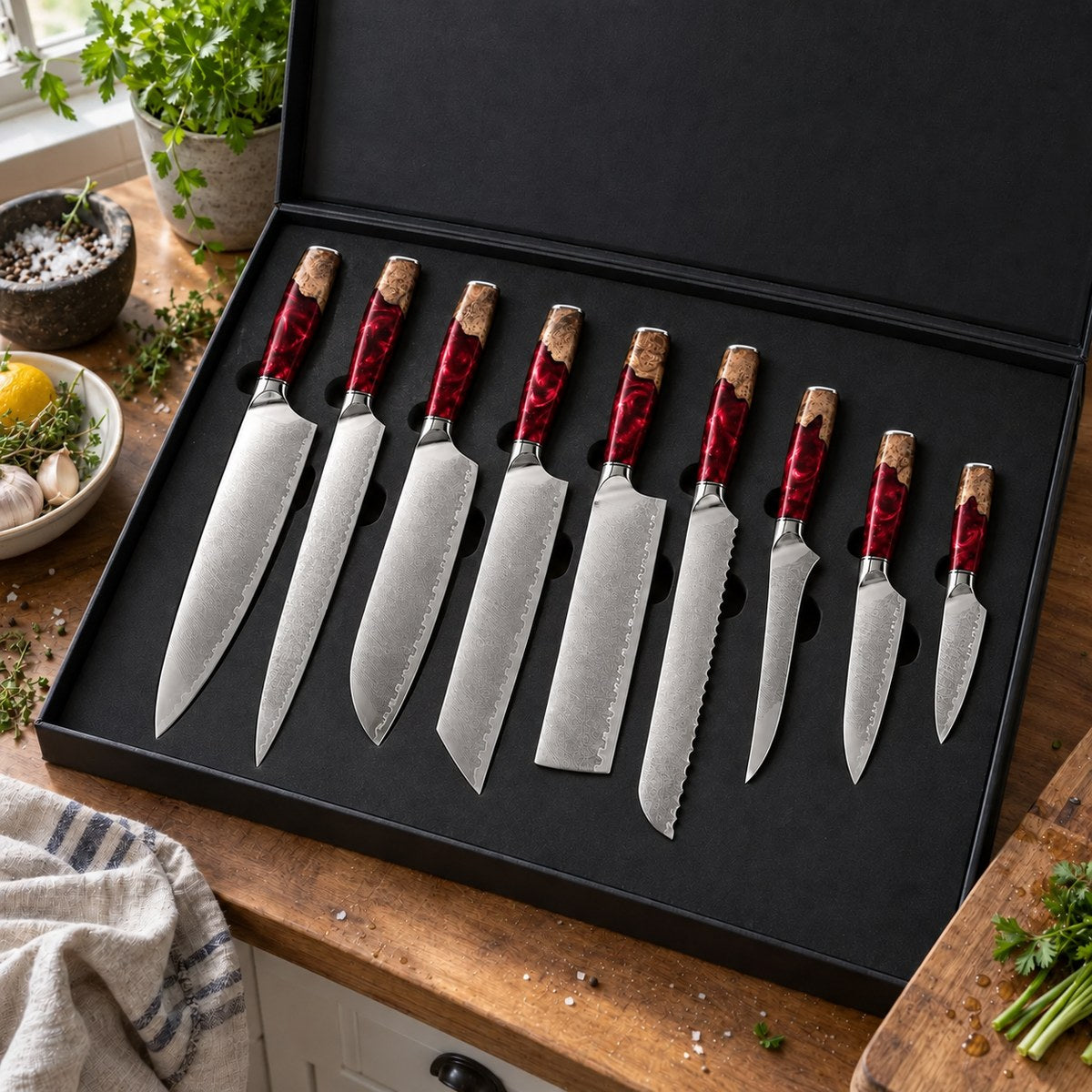 Coffret 9 couteaux Damas Résine - coffret9 resine ruby red 2 situation