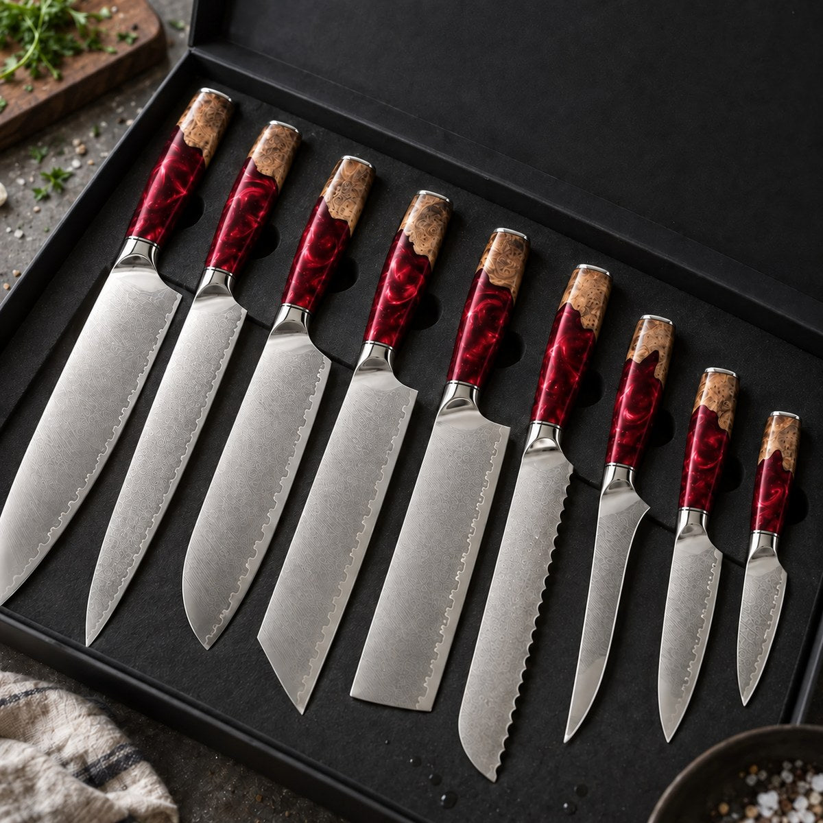 Coffret 9 couteaux Damas Résine - coffret9 resine ruby red 3 detail