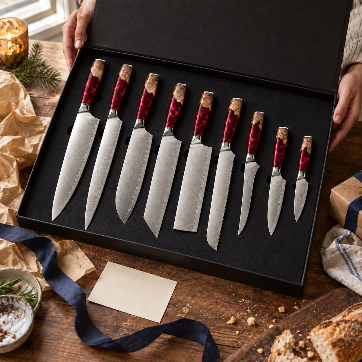 Coffret 9 couteaux Damas Résine - coffret9 resine ruby red 4 cadeau