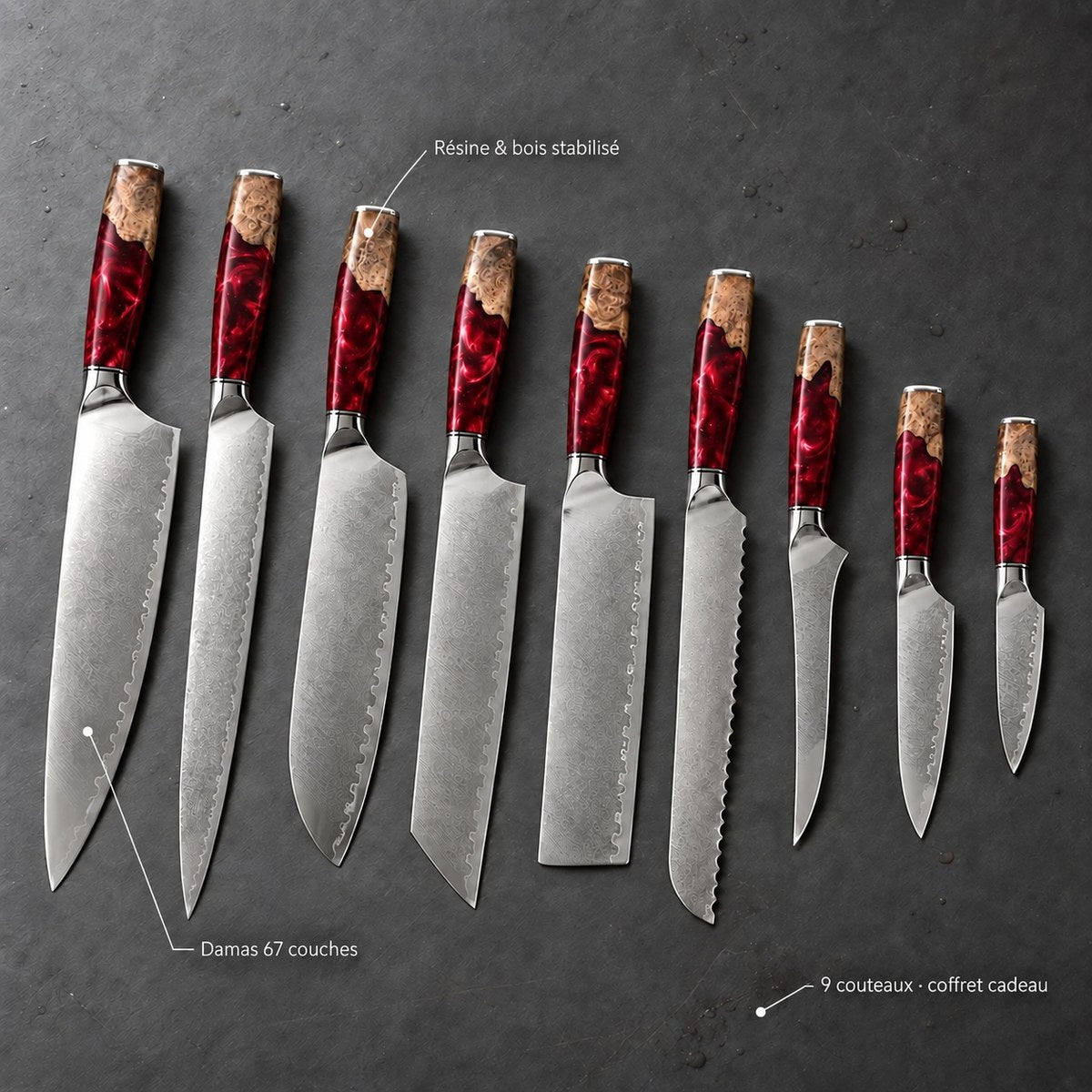 Coffret 9 couteaux Damas Résine - coffret9 resine ruby red 7 annotations
