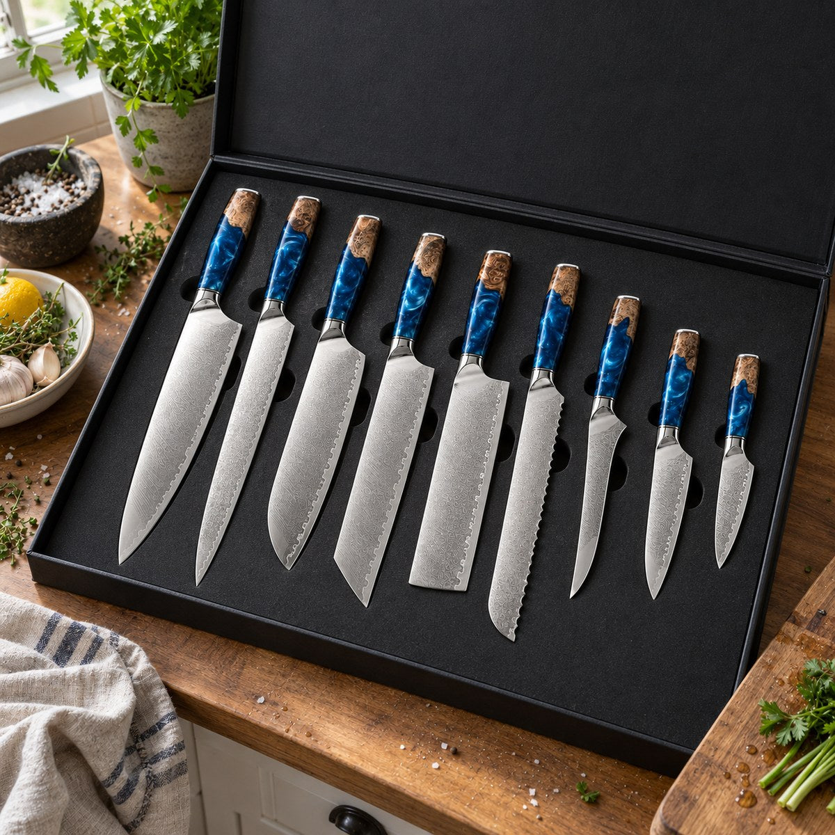 Coffret 9 couteaux Damas Résine - coffret9 resine sapphire blue 2 situation