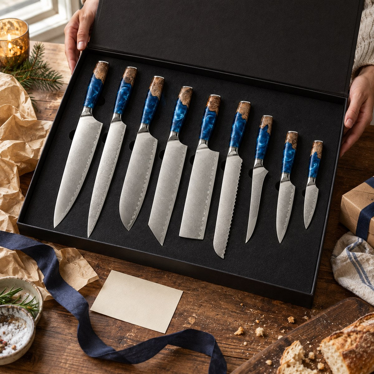 Coffret 9 couteaux Damas Résine - coffret9 resine sapphire blue 4 cadeau