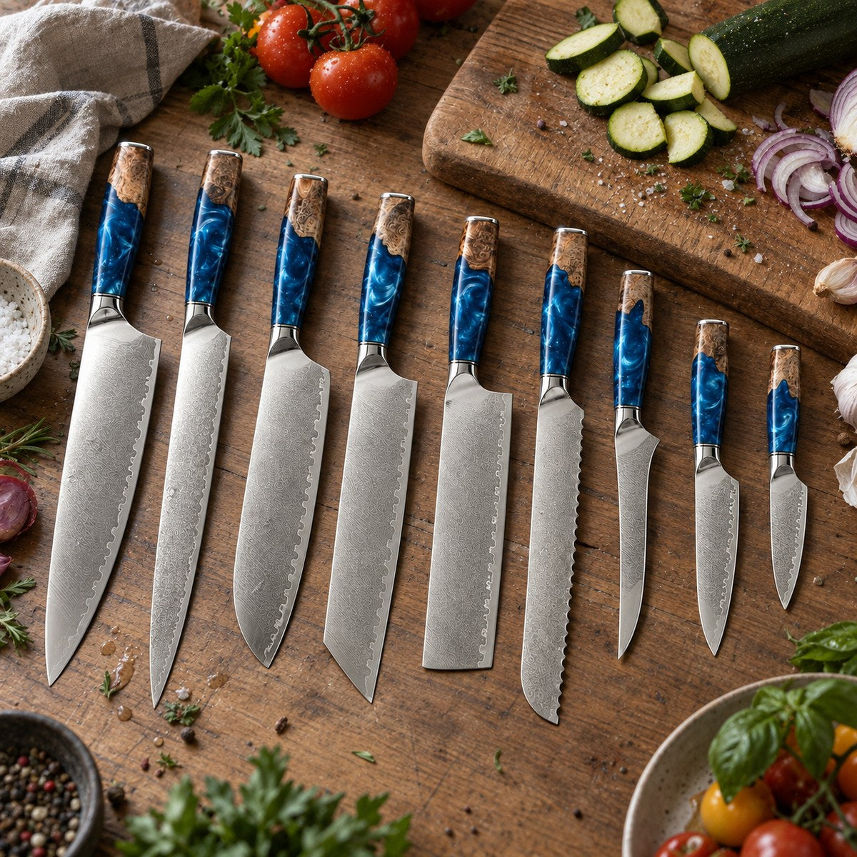 Coffret 9 couteaux Damas Résine - coffret9 resine sapphire blue 5 lifestyle