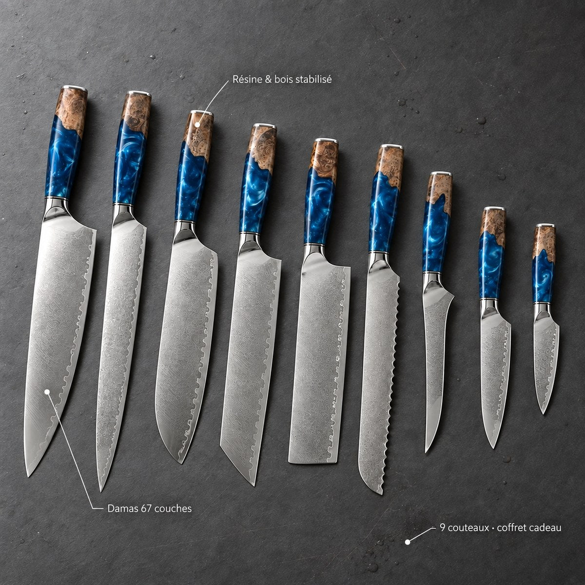 Coffret 9 couteaux Damas Résine - coffret9 resine sapphire blue 7 annotations