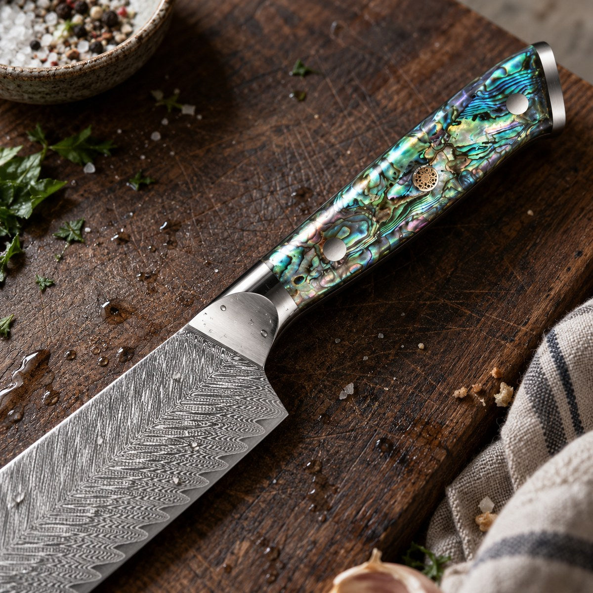 Couteau nakiri 17 cm – Damas Classique - nakiri damas classique abalone pearl 3 detail