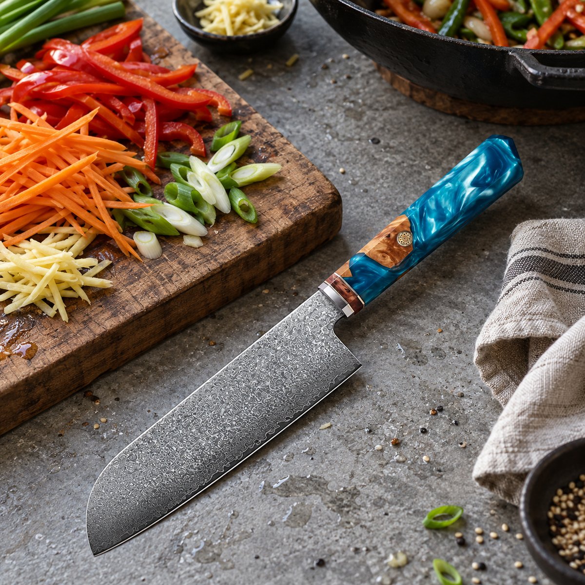Couteau santoku 18 cm – Damas Aqua - santoku damas aqua 2 situation
