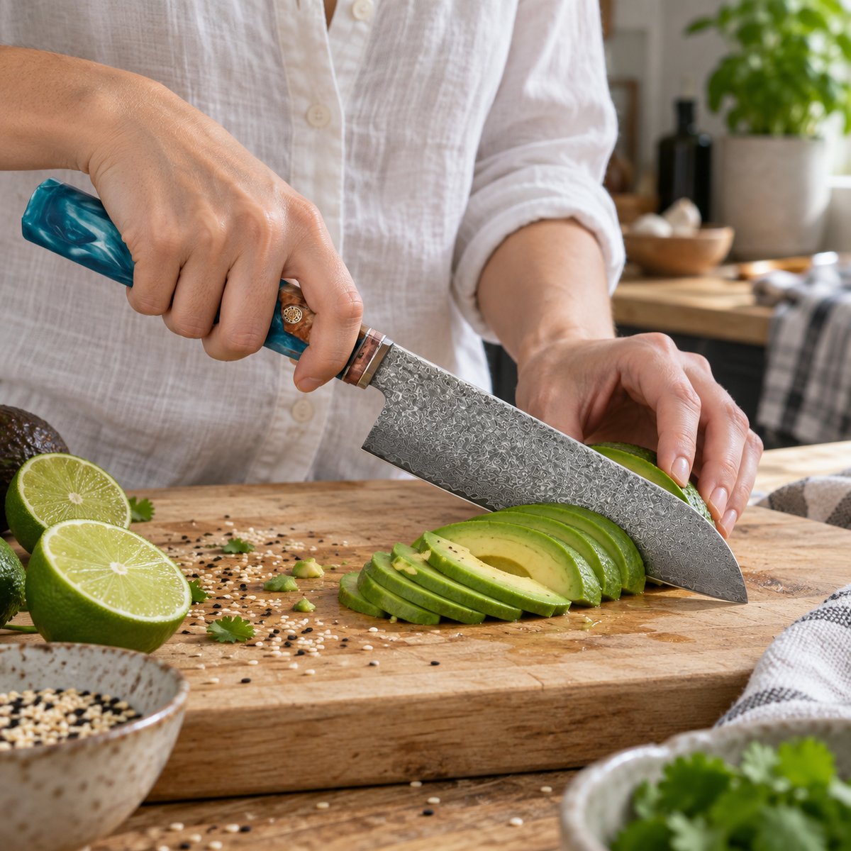 Couteau santoku 18 cm – Damas Aqua - santoku damas aqua 4 utilisation