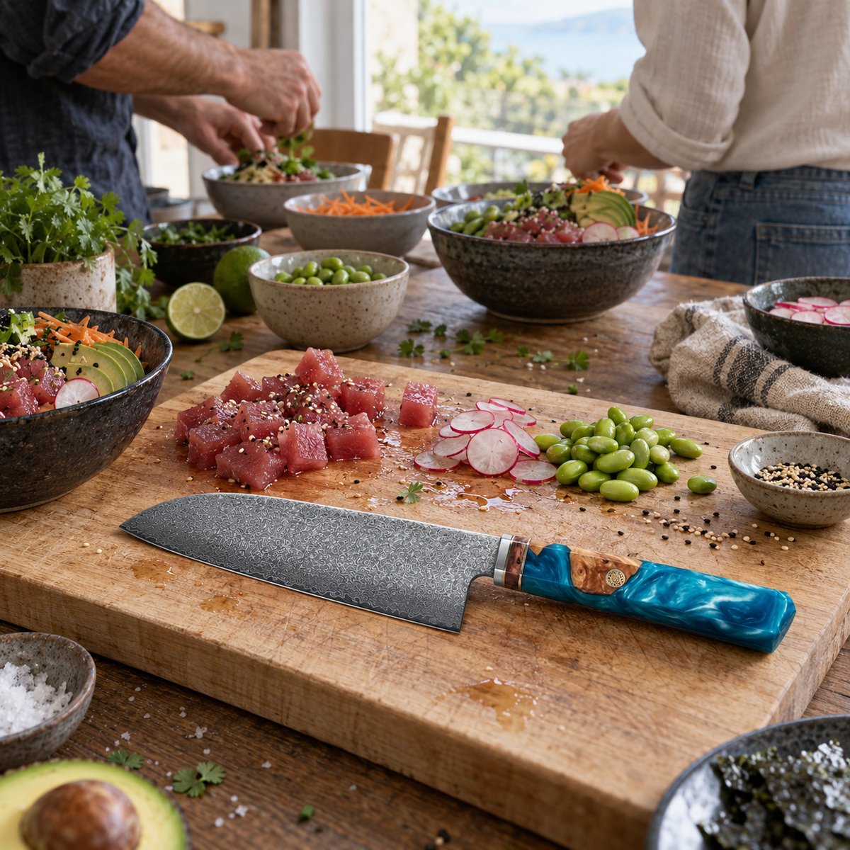 Couteau santoku 18 cm – Damas Aqua - santoku damas aqua 5 lifestyle