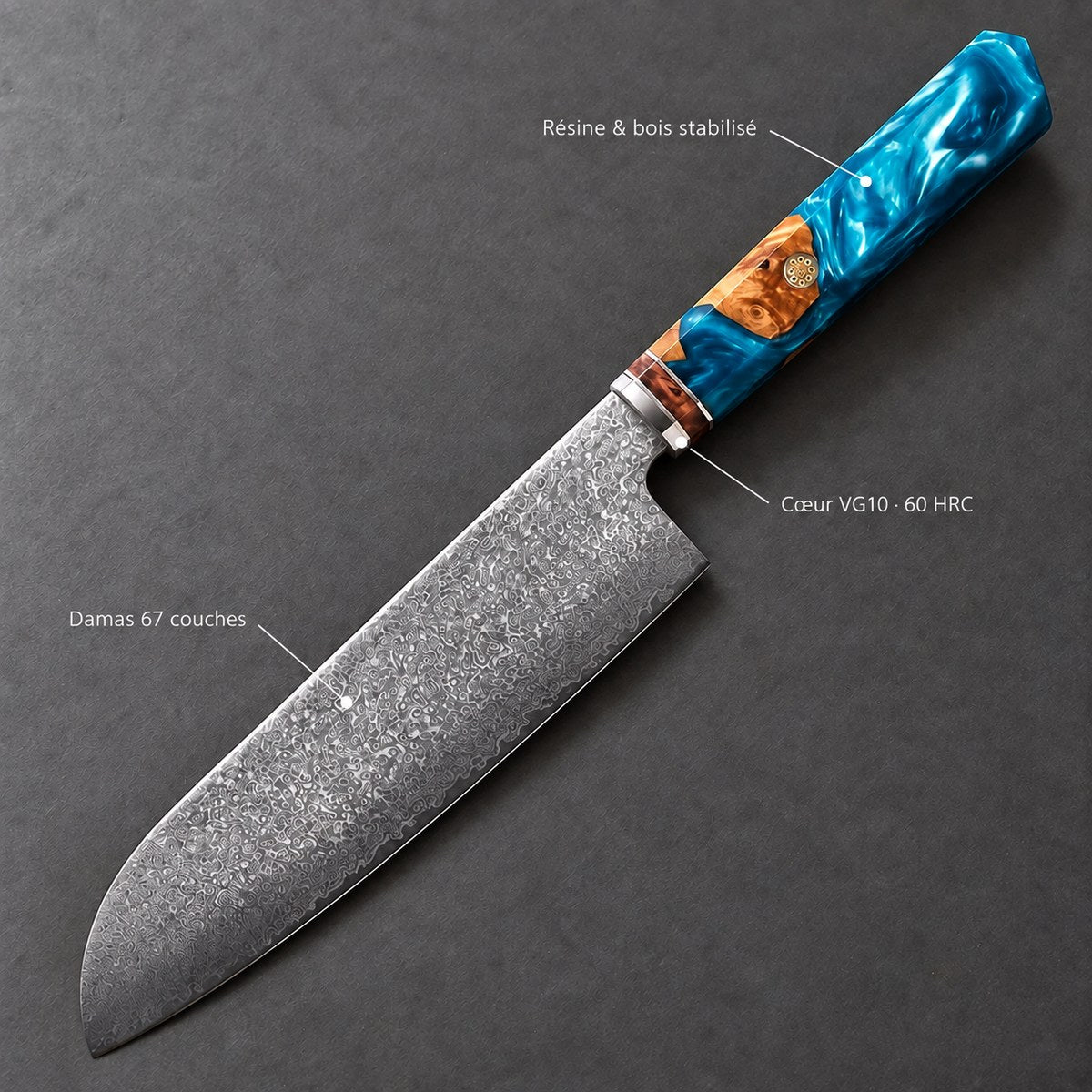 Couteau santoku 18 cm – Damas Aqua - santoku damas aqua 7 annotations
