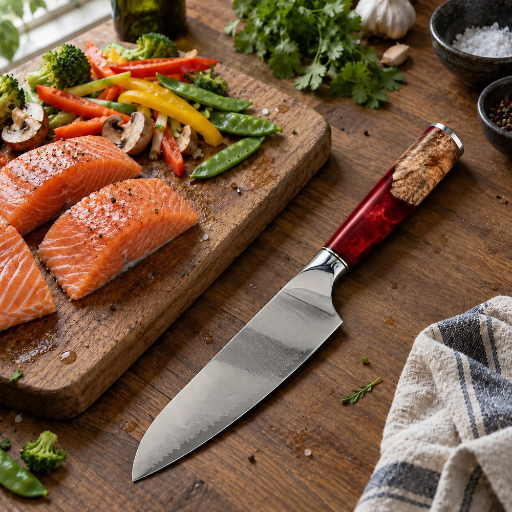 Couteau santoku 18 cm – Damas Résine - santoku damas resine ruby red 2 situation