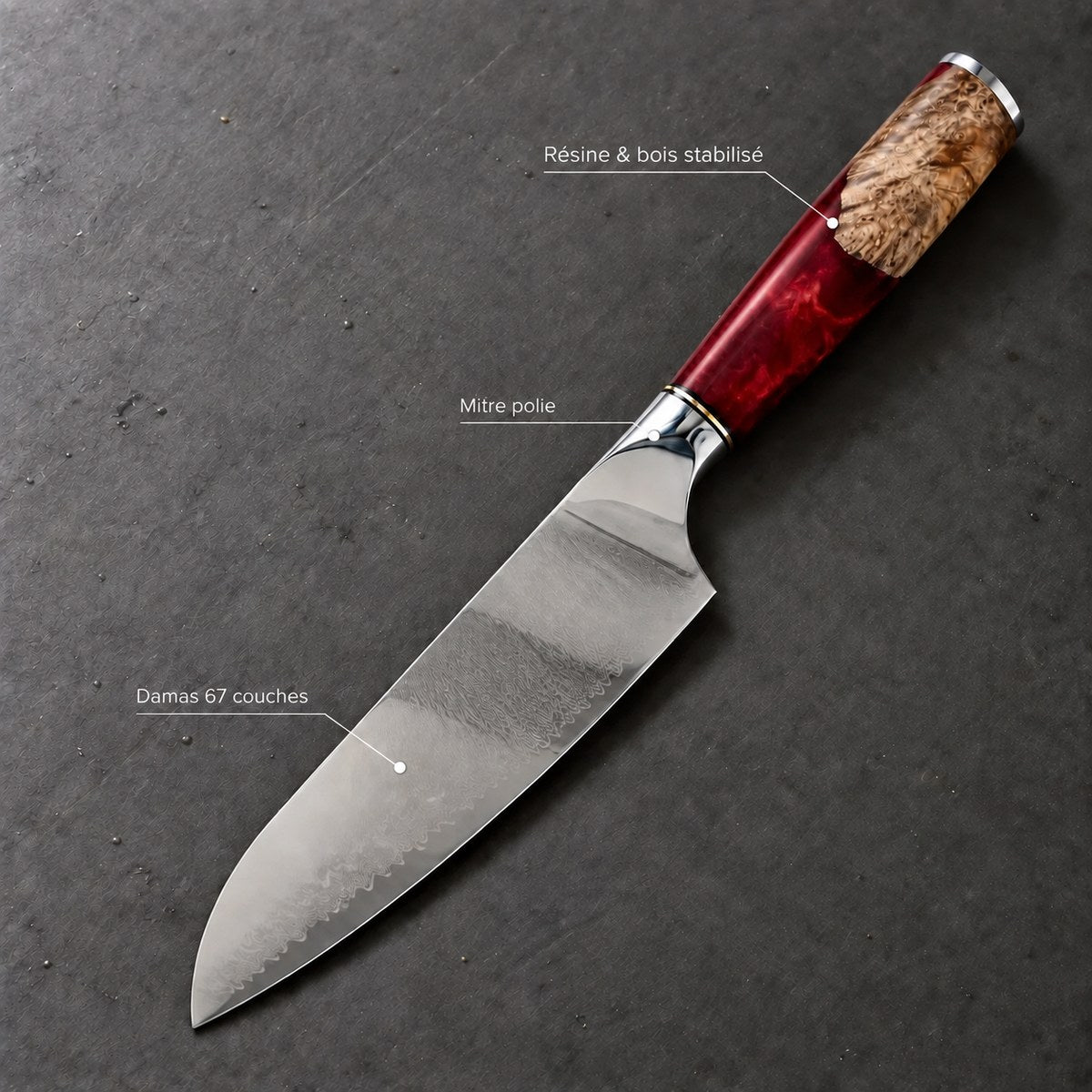 Couteau santoku 18 cm – Damas Résine - santoku damas resine ruby red 7 annotations